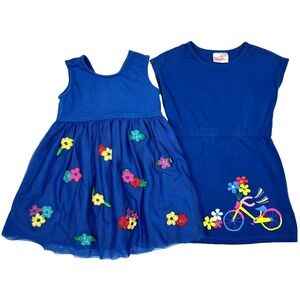 Flaw * Hanna Andersson Sz 4 Blue Flower Dress Lot Sleeveless 100cm Bicycle Girls